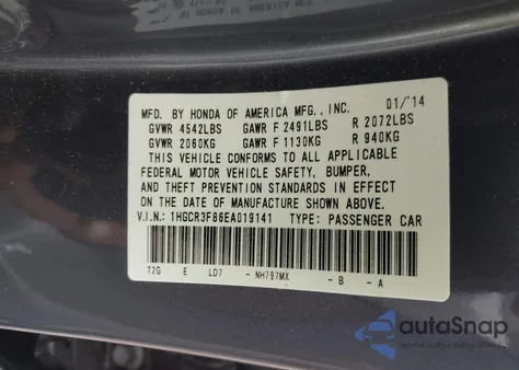 2014 Honda Accord Ex-L V-6 из США, поврежденный, VIN 1HGCR3F86EA019141